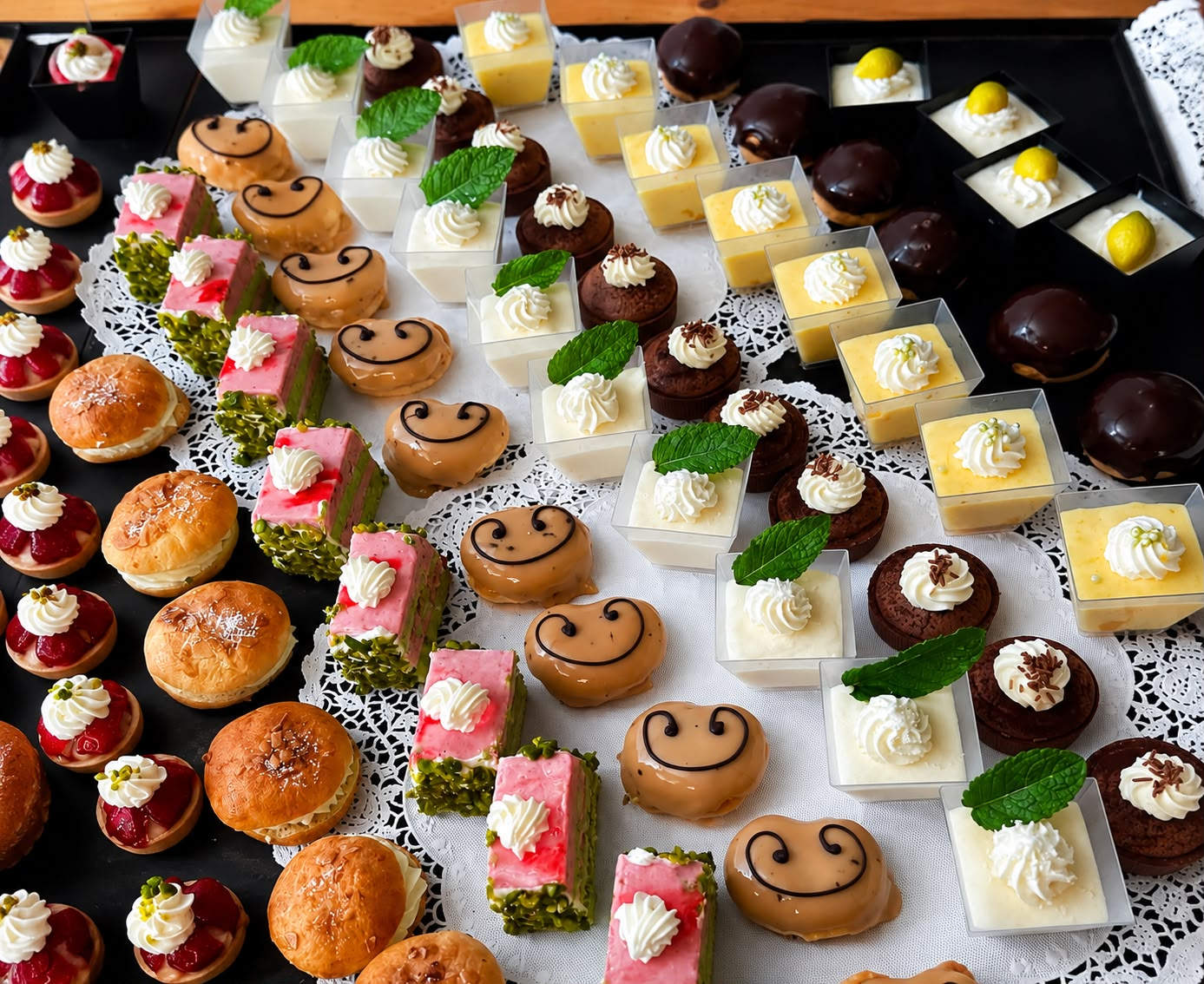 Vielfältige Dessertauswahl mit Patisserie und Mini-Gebäck