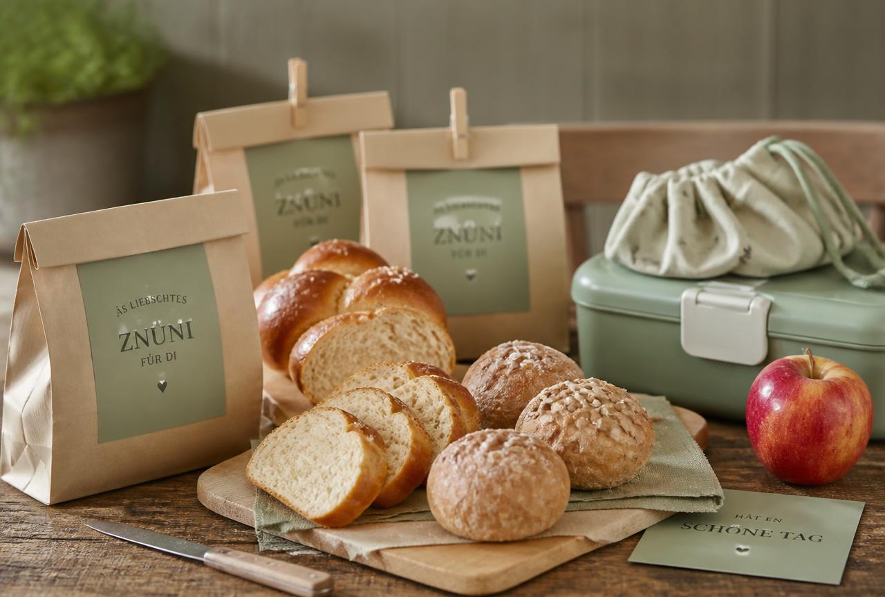 Znüni-Säckli mit Dinkelbrötli, Butterzopf und Kleinbroten von Es Stückli Himmel auf einem Holzbrett